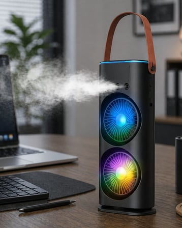 Çift Başlıklı Taşınabilir Fan RGB Işıklı Sprey Nemlendiricili Masaüstü Se