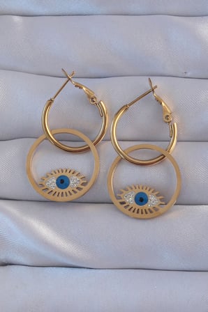 316L Çelik Gold Renk Zirkon Taşlı Mavi Göz Tasarımlı Halka Küpe 5886