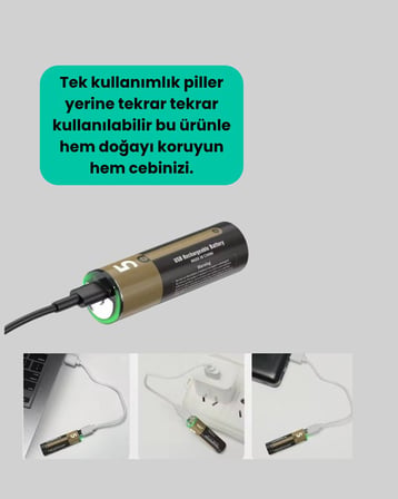 Usb Type-C Girişli Şarjlı Aa Lityum Pil | 1.5V Sabit Çıkış | 3200Mwh (2'Li Pa