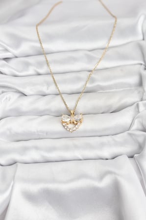 316L Çelik Zincir Gold Renk Kalp ve Fiyonk Model Zirkon Taşlı Kadın Kolye 5886