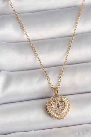 316L Çelik Gold Renk Zincir Zirkon Taşlı Kalp Model Kadın Kolye 5886