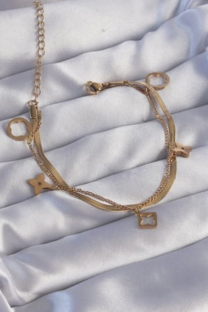 316L Çelik Gold Renk Çift Zincir Yonca Tasarım Bileklik 5886