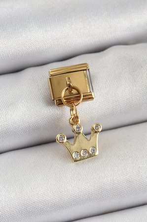 316L Çelik Sallantılı Zirkon Taşlı Kraliçe Tacı Model Gold Renk Nomination Ch