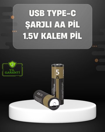 Usb Type-C Girişli Şarjlı Aa Lityum Pil | 1.5V Sabit Çıkış | 3200Mwh (2'Li Pa