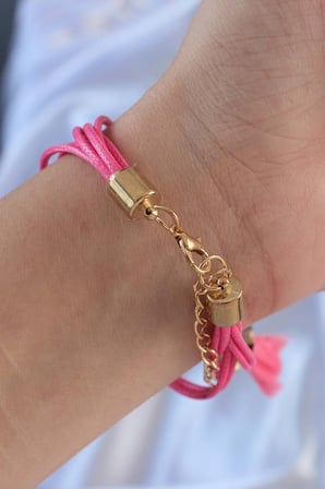 Pembe Zirkon Taşlı İpli Püskül Detay Çoklu Bileklik 5886