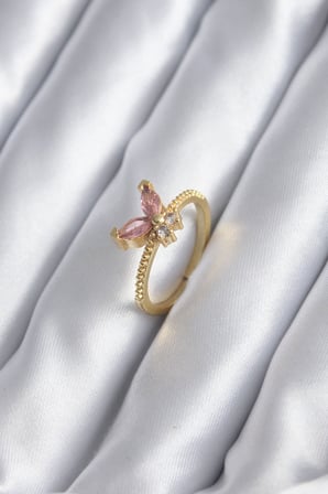 Gold Renk Pembe Zirkon Taşlı Kelebek Model Kadın Yüzük 5886