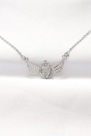 316L Çelik Silver Renk Zirkon Taşlı Kalpli Kanat Kolye 5886