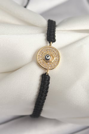 Pirinç Gold Renk Zirkon Taşlı Nazar Boncuk İşleme Makrome Asansörlü Model Kad