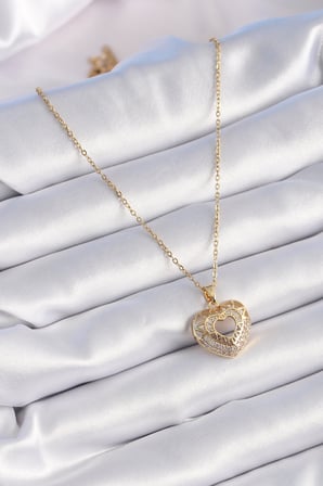 316L Çelik Gold Renk Zirkon Taşlı Kalp Model Vintage Kadın Kolye 5886