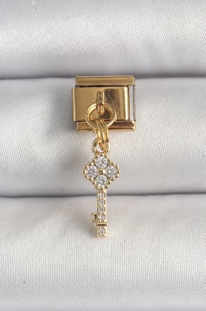 316L Çelik Gold Renk Sallantı Zirkon Taşlı Anahtar Model Nomination Charm 5886