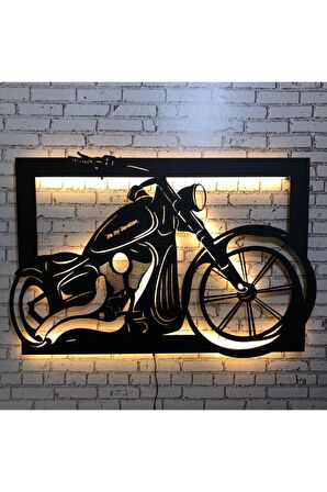 Harley Davıdson Motosiklet Figürü Üç Boyutlu Led Işıklı Tablo Ahşap Duvar Dekorasyonu 50 X 70