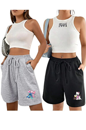 Siyah Gri 2'li Düz Renk Kadın Regular Şort Lilo Stitch Kuromi Hellokitty