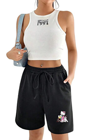 Siyah Gri 2'li Düz Renk Kadın Regular Şort Lilo Stitch Kuromi Hellokitty