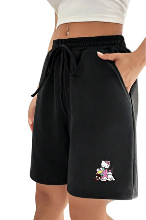 Siyah Gri 2'li Düz Renk Kadın Regular Şort Lilo Stitch Kuromi Hellokitty