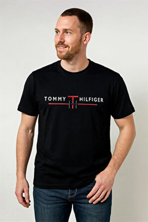 BİSİKLET YAKA NAKIŞLI TSHİRT SİYAH TOMMY