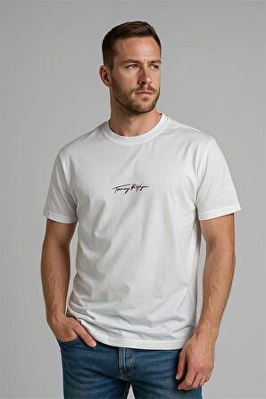 BİSİKLET YAKA BASKILI TSHİRT İTALİC BEYAZ TOMMY