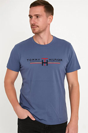 BİSİKLET YAKA NAKIŞLI TSHİRT KOYU MAVİ TOMMY