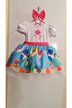 Kız Çocuk Mavi Baby Shark Kabarık Tüllü Elbise