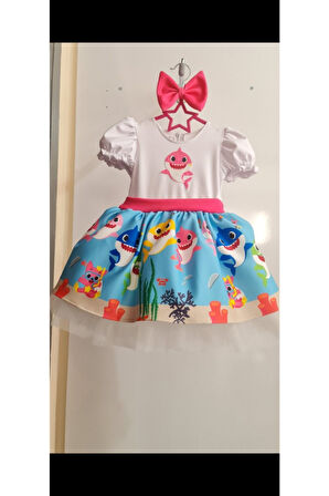 Kız Çocuk Mavi Baby Shark Kabarık Tüllü Elbise