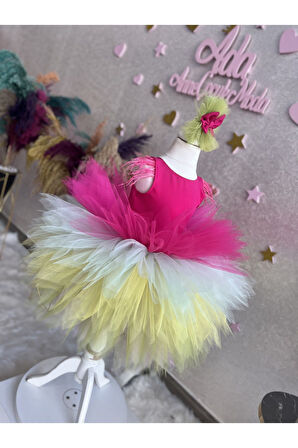 Kız çocuk kat kat tüllü kabarık rainbow abiye elbise