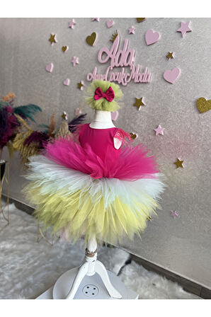 Kız çocuk kat kat tüllü kabarık rainbow abiye elbise