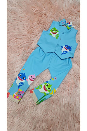 Erkek Çocuk Baby Shark Pantalon Yelek Papyon Takım