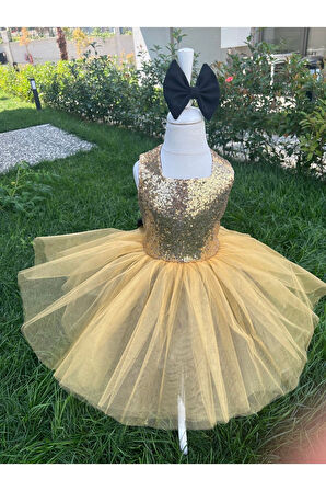 Kız Çocuk Gold Payet Detaylı Tüllü Kabarık Abiye Elbise