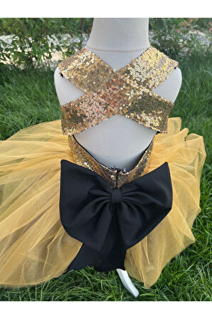 Kız Çocuk Gold Payet Detaylı Tüllü Kabarık Abiye Elbise