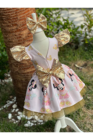 Kız Çocuk Minnie Mouse (miki Mouse) Desenli Gold Payet Detaylı Tüllü Elbise