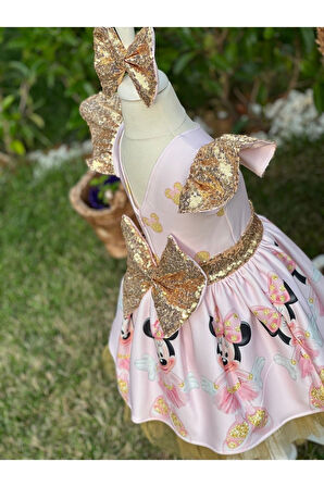 Kız Çocuk Minnie Mouse (miki Mouse) Desenli Gold Payet Detaylı Tüllü Elbise