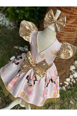 Kız Çocuk Minnie Mouse (miki Mouse) Desenli Gold Payet Detaylı Tüllü Elbise