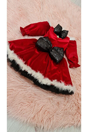 Kabarık Tüllü Kırmızı Kadife Kız Çocuk Elbise