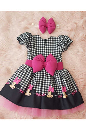 Kız Çocuk Kareli Pembe Micky (miki) Mouse Elbise