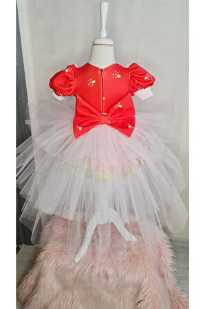 Kız Çocuk Kırmızı Başlıklı Tüllü Kuyruklu Kabarık Elbise