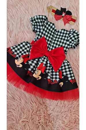 Kareli Mickey Mouse Baskılı Kırmızı Tüllü Kabarık Elbise