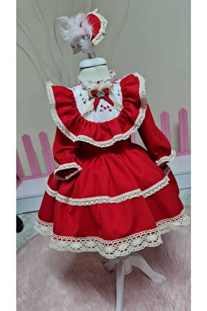 Kız Çocuk Tüllü Kabarık Kırmızıi Vintage Elbise