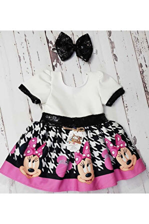 Kız Çocuk Pembe Beyaz Mickey Mouse Kaz Ayağı Desenli Payet Detaylı Tüllü Elbise