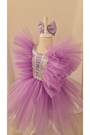 Lila Tütülü Kabarık Gümüş Payet Detaylı Abiye Elbise