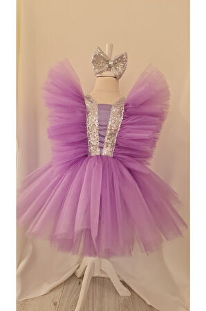 Lila Tütülü Kabarık Gümüş Payet Detaylı Abiye Elbise