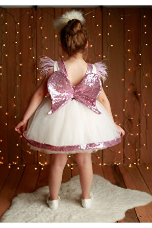 Kız Çocuk Pembe Payet Melek Kanatlı Kabarık Elbise