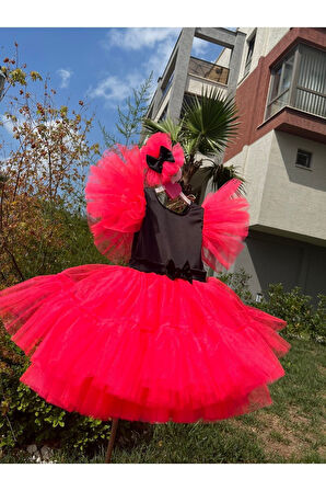 Kız Çocuk Neon Pembe Siyah Tüllü Kabarık Abiye Elbise