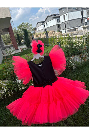 Kız Çocuk Neon Pembe Siyah Tüllü Kabarık Abiye Elbise