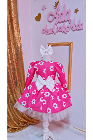 Kız Çocuk Fuşya Üzeri Beyaz Çicekli Kabarık Niloya Elbise