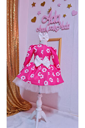 Kız Çocuk Fuşya Üzeri Beyaz Çicekli Kabarık Niloya Elbise