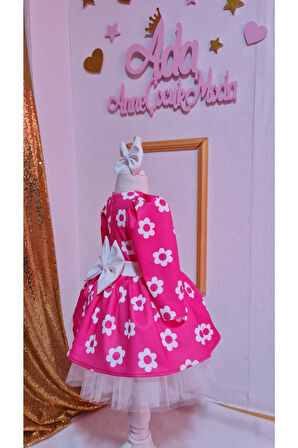 Kız Çocuk Fuşya Üzeri Beyaz Çicekli Kabarık Niloya Elbise