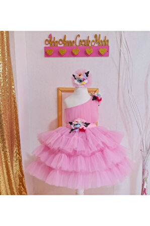 Pembe Tüllü Kabarık Çicek Detaylı Kız Çocuk Abiye Elbise