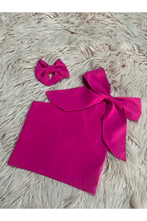 Kız Çocuk Tek Omuz Fiyonk Detaylı Sarı Yazlık Crop Bluz Ve Tokası