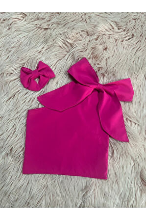 Kız Çocuk Tek Omuz Fiyonk Detaylı Sarı Yazlık Crop Bluz Ve Tokası