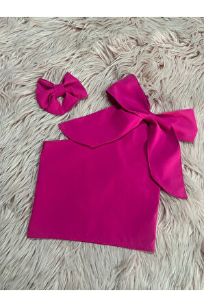 Kız Çocuk Tek Omuz Fiyonk Detaylı Sarı Yazlık Crop Bluz Ve Tokası