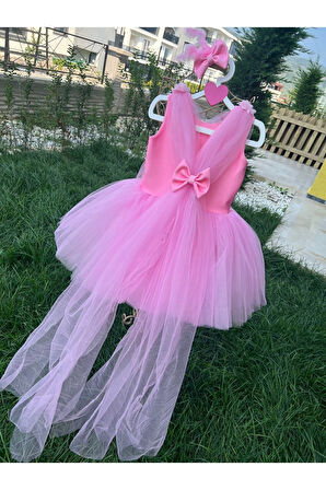 Kız Çocuk Pembe Kabarık Tüllü Tasarım Abiye Elbise
